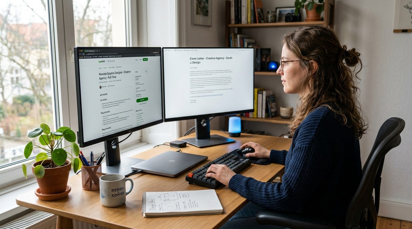 Freelancer reviewing an AI-drafted gig application on a laptop at a home desk